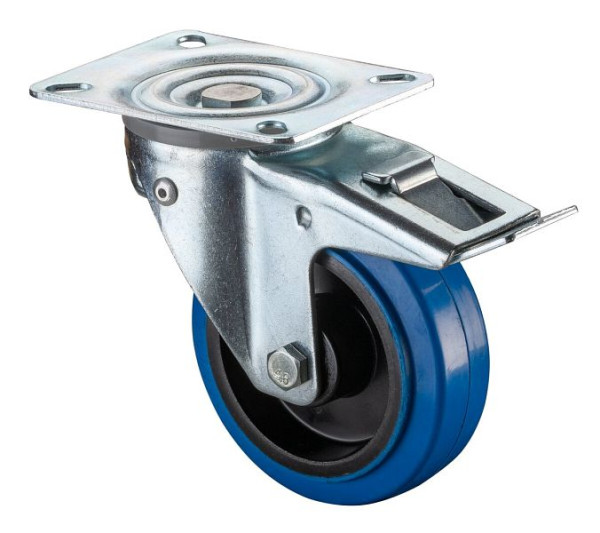 BS Rollen Lenkrolle mit Feststeller, Elastikreifen blau, Kunststofffelge Rollenlager, VE: 2 Stück, L320.B61.100