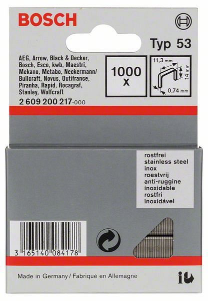 Bosch Feindrahtklammer Typ 53, 11,4 x 0,74 x 14 mm, 1000er-Pack, rostfrei, 2609200217