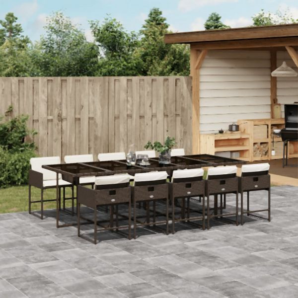 vidaXL 11-tlg. Garten-Essgruppe mit Kissen Braun Poly Rattan, 3211293