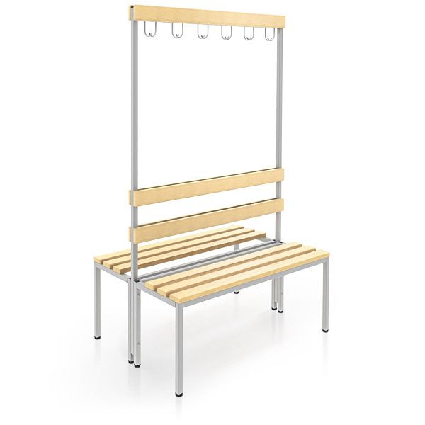 Rotstahl freistehende Duplex - Sitzbank mit Holzleisten, mit Rückenlehne und Hakenleiste, 100 cm, ohne Schuhrost, 1341-000000-1002526