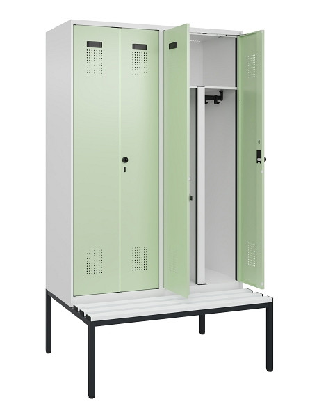 C+P PSA Doppel-Spind Evolo PLUS, Bank, 4 Abteile, 2120x1200x815mm, 9016/6019, Drehriegel, Sitzfläche Kunststoff, Sitzbank, 0490527-40P S10073