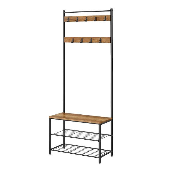 VASAGLE Garderobe mit Schuhregalern, Schuhregal mit Sitz, mit Haken, 3 Regale, Metall, Höhe 177 cm, Industriedesign, Walnussbraun/Schwarz, HSR041B41