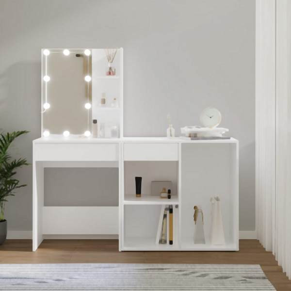 vidaXL LED-Schminktisch mit Schrank Weiß Holzwerkstoff, 3082017