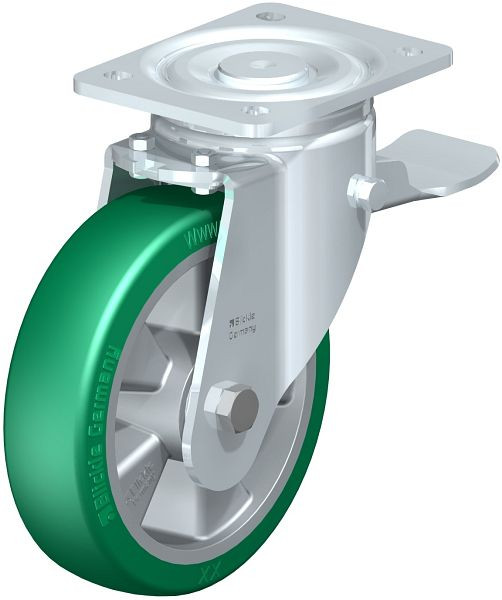 Blickle LH-ALST 180K-ST Stahlblech-Lenkrolle, Schwerlast-Ausführung, mit Anschraubplatte & Feststeller, Blickle Softhane®, Grün, 852371