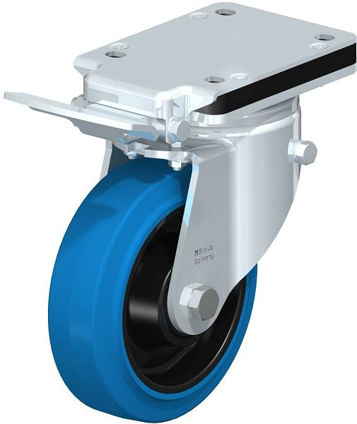 Blickle LH-POEV 160KD-IS-SB Stahlblech-Lenkrolle, Schwerlast-Ausführung, mit Anschraubplatte & Feststeller, Elastik-Vollgummi, Blau, 851828