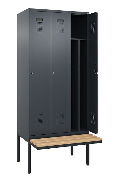 C+P Spind Evolo PLUS, 3 Abteile, 2120x900x815mm, 7016/7016, Haken 4, Zylinderschloss, Sitzfläche Holz, 0490407-30F S10043