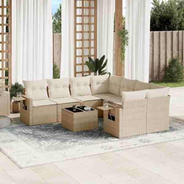 vidaXL 9-tlg. Garten-Sofagarnitur mit Kissen Beige Poly Rattan, UV-beständig, 3219957