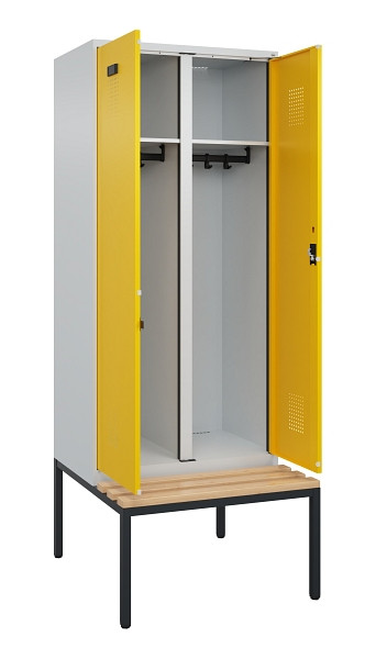 C+P Schwarz-Weiß-Spind Evolo PLUS, Bank, 2 Abteile, 2120x800x815mm, 7035/1023, Zylinderschloss, Sitzfläche Buche-Hartholz, Sitzbank, 0490527-22 S10028