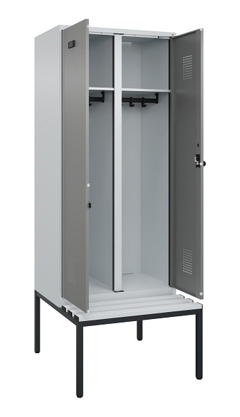 C+P Schwarz-Weiß-Spind Evolo PLUS, Bank, 2 Abteile, 2120x800x815mm, 7035/0004, Drehriegel, Sitzfläche Kunststoff, Sitzbank, 0490527-22 S10068