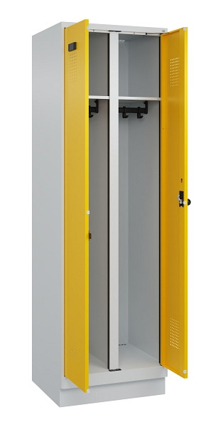 C+P Schwarz-Weiß-Spind Evolo PLUS, mit Sockel, 2 Abteile, 1950x600x500mm, 7035/1, RAL 1023 Verkehrsgelb, Drehriegel, 049022-20 S10001
