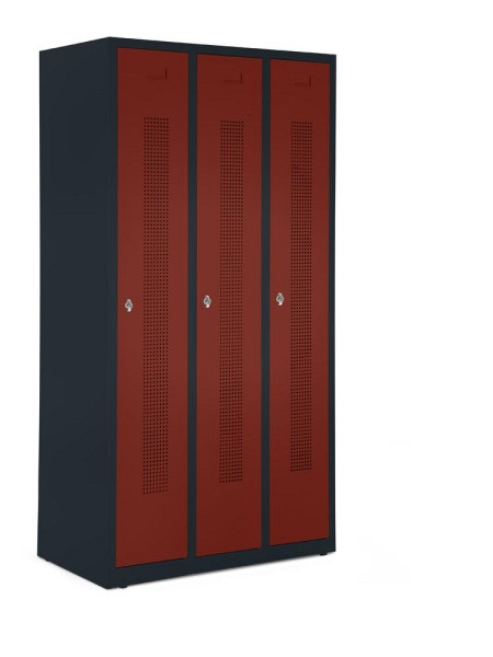 Deskin Garderobenspind ohne Unterbau, Rubinrot RAL 3003, 870 x 500 x 1700 mm, 3 Abteile, Korpus: Anthrazit RAL 7021, 346984