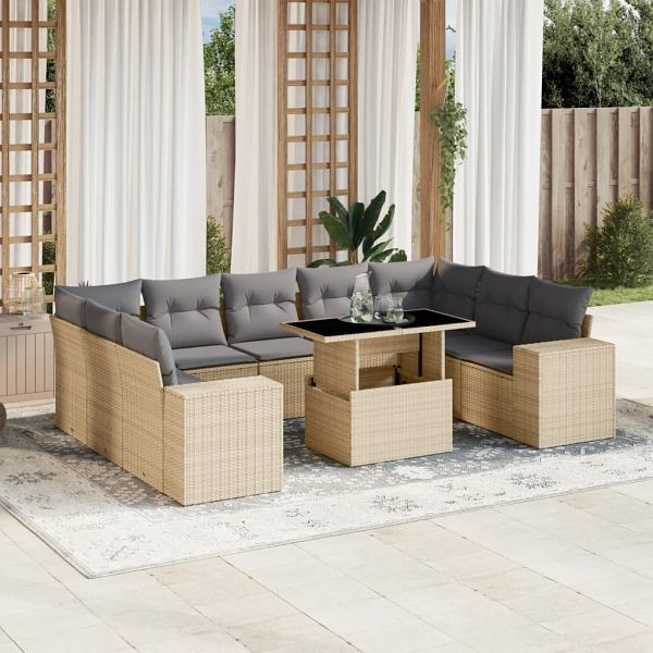 vidaXL 10-teilig Garten-Sofagarnitur mit Kissen Beige Poly Rattan, 3269369