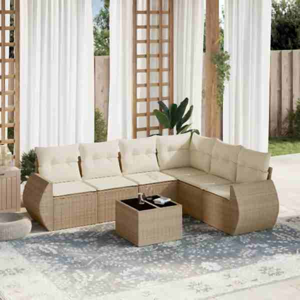 vidaXL 7-tlg. Garten-Sofagarnitur mit Kissen Beige Poly Rattan, UV-beständig, 3221417