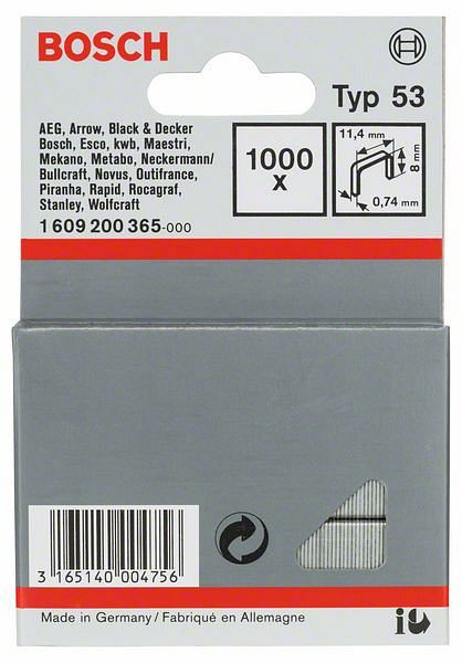 Bosch Feindrahtklammer Typ 53, 11,4 x 0,74 x 8 mm, 1000er-Pack, 1609200365