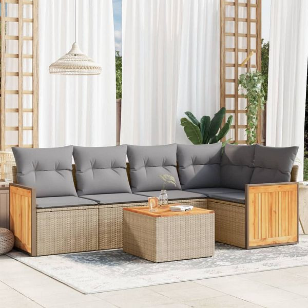 vidaXL 6-tlg. Garten-Sofagarnitur mit Kissen Beige Poly Rattan, 3260036