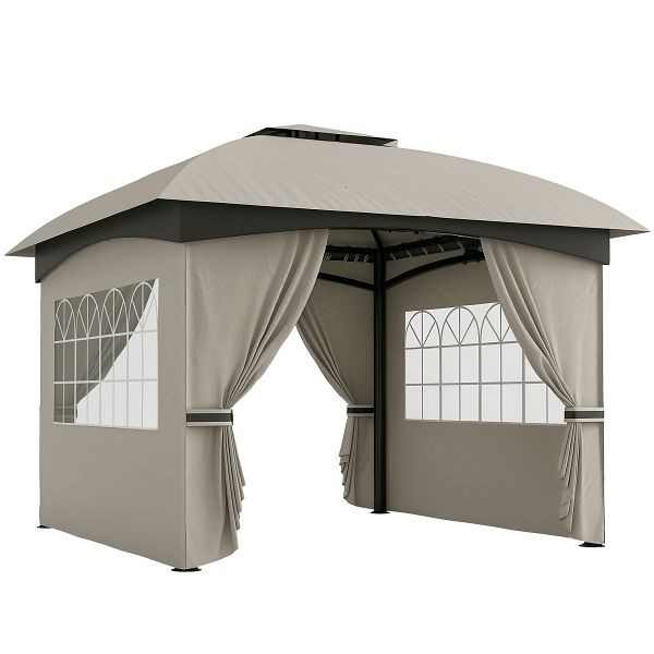 Outsunny 3,4 x 3,4 m Gartenpavillon, Bierzelt mit Lüftungsdach, Bogenfenstern, Stahlgestell, Hellgrau, 84C-554V00LG