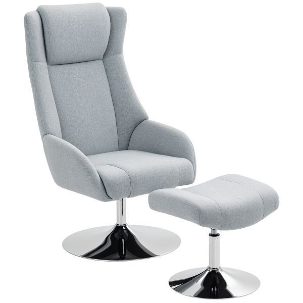 HOMCOM Drehbarer Polsterstuhl mit Fußhocker, zurücklehnbar, Polstersessel mit Armlehnen, für Wohnzimmer, Schlafzimmer, Grau, 83B-473V00GY