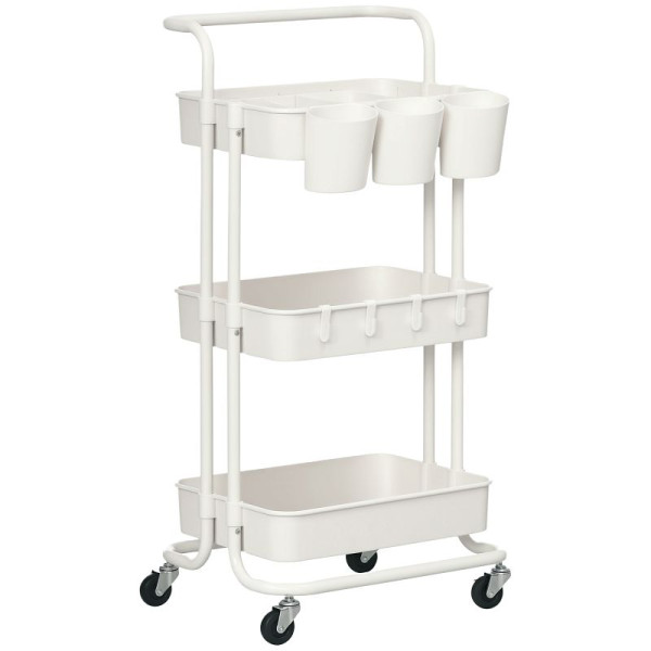 HOMCOM Rollwagen, Servierwagen, 3 Ablagekörbe, 3 Hängeboxen, 4 Haken, Metallrahmen, 42 x 38 x 86,5cm, 850-165WT