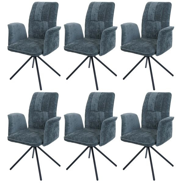 Mendler 6er-Set Esszimmerstuhl HWC-N99, drehbar Armlehne Auto-Return, Stoff/Textil Chenille (340g/m²), blau-grün, 3x110439