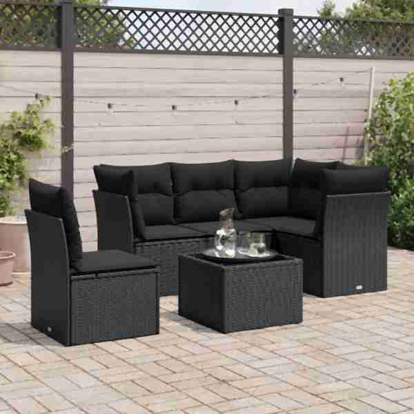 vidaXL 6-tlg. Garten-Sofagarnitur mit Kissen Schwarz Poly Rattan, UV-beständig, 3249484