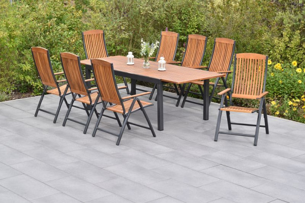 Merxx Athos Set 9-teilig, 8 Klappsessel, Rückenlehne 5-fach verstellbar, 1 Ausziehtisch 180 (250) x 100 cm, Aluminium mit FSC Akazienholz, 50836-217
