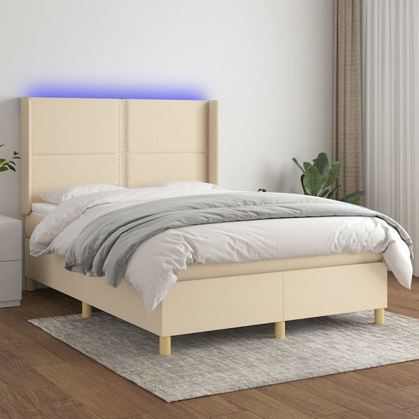 vidaXL Boxspringbett mit Matratze & LED Creme 140x190 cm Stoff, 3138794