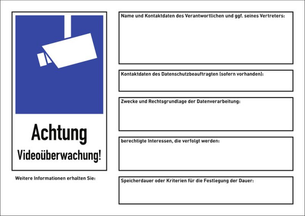 Moedel Vorgelagertes Hinweisschild nach DSGVO, Art. 13, Aluminium, 297x210 mm, 100251