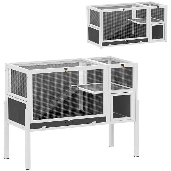 PawHut Kleintierstall für Zwerghamster, Kaninchen, Meerschweinchen, mit Zubehör, erhöhtes Design, Holz, Metall, D51-501V90GY