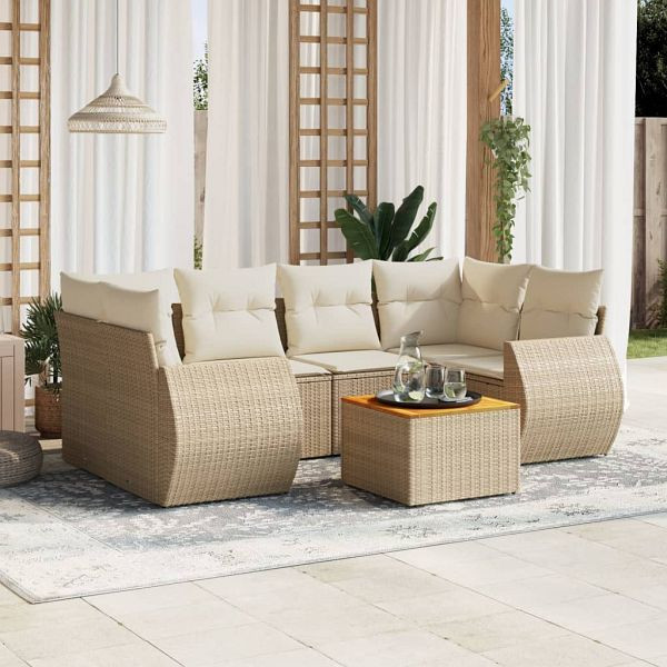 vidaXL 7-teilig Garten-Sofagarnitur mit Kissen Beige Poly Rattan, 3257234