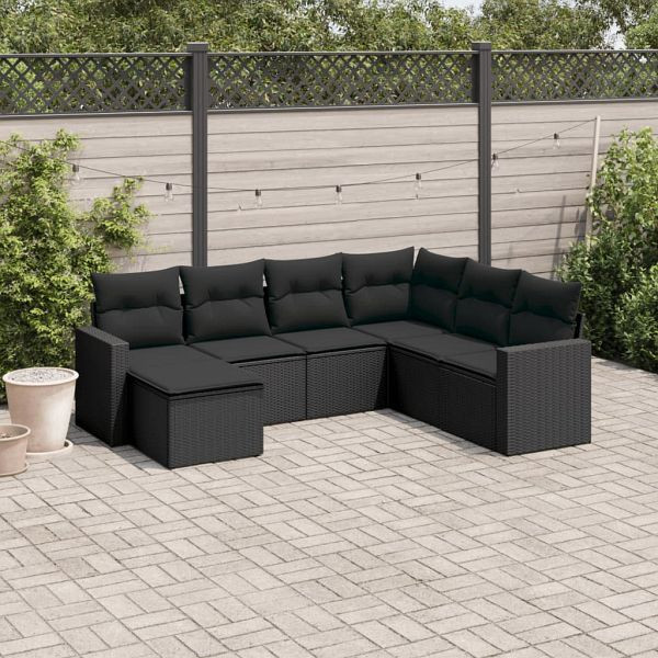 vidaXL 7-teilig Garten-Sofagarnitur mit Kissen Schwarz Poly Rattan, 3251632