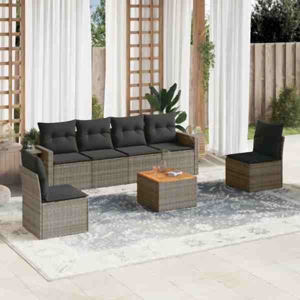 vidaXL 7-tlg. Garten-Sofagarnitur mit Kissen Grau Poly Rattan, UV-beständig, 3224513