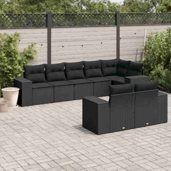 vidaXL 8-tlg. Garten-Sofagarnitur mit Kissen Schwarz Poly Rattan, UV-beständig, 3222814