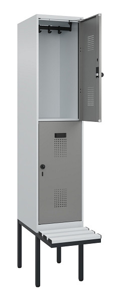 C+P Doppelstock-Spind Evolo PLUS, Bank, 2 Fächer, 2120x400x815mm, 7035/0004, Drehriegel, Sitzfläche Kunststoff, 0493407-12 S10095
