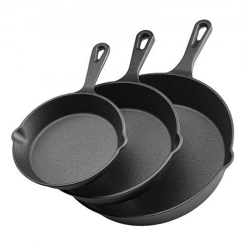 VEVOR Gusseisenpfannen-Set (160/220/265 mm), Bratpfannen mit hitzebeständigem Griff, für Backofen Gas Elektro, Schwarz, ZTCGSJTCT681KMJDP001V0