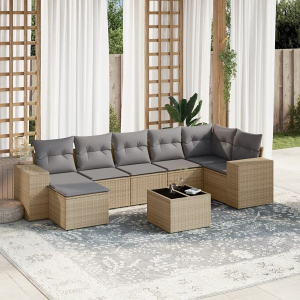 vidaXL 8-teilig Garten-Sofagarnitur mit Kissen Beige Poly Rattan, 3222888