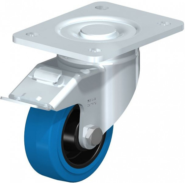 Blickle LH-POEV 100R-3-FI-SB Stahlblech-Lenkrolle, Schwerlast-Ausführung, mit Anschraubplatte & Feststeller, Elastik-Vollgummi, Blau, 750062