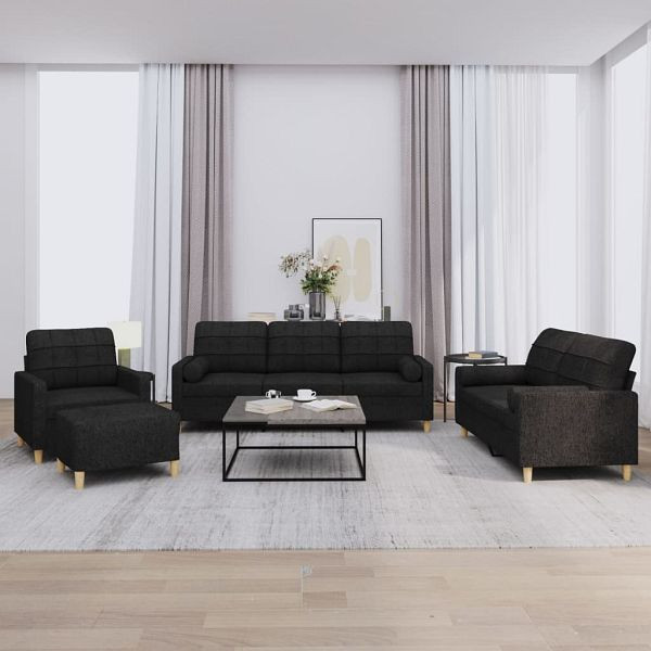 vidaXL 4-teilig Sofagarnitur mit Kissen Schwarz Stoff, 3201270