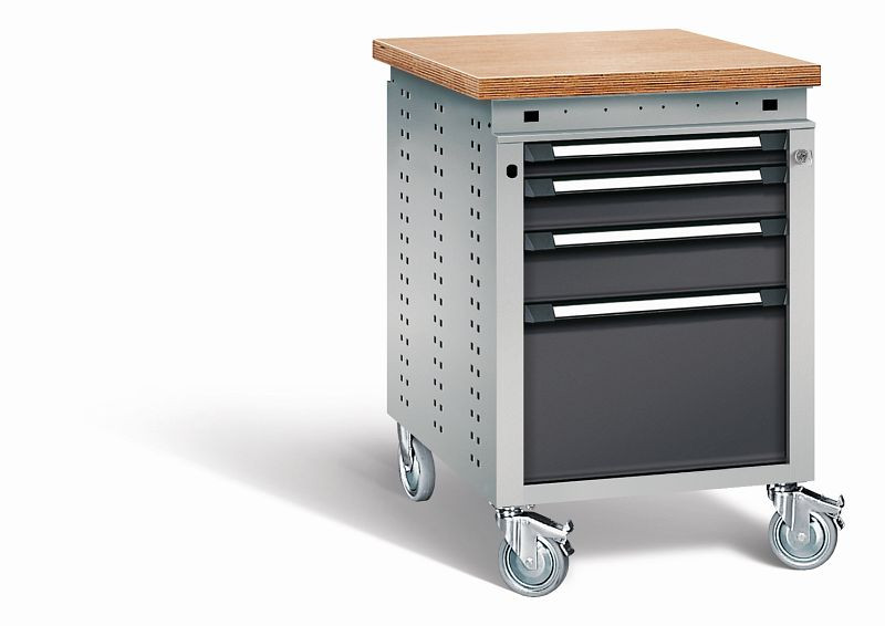 Otto Kind Werkbank Serie function Typ 153 fahrbar, Multiplexplatte, bündig, 4 Schubladen, Zentralverschluss, Gehäuse RAL 9006, Front RAL 9005, 07238013N