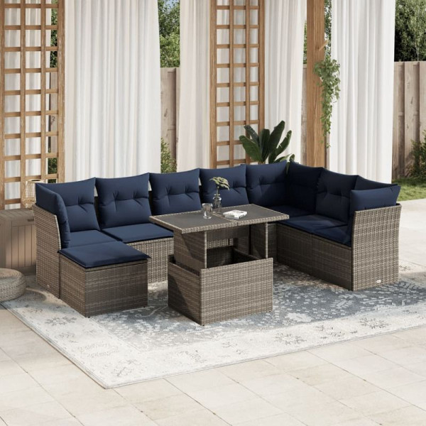 vidaXL 9-teiliges Gartensofa-Set mit Kissen, grau, Polyrattan, 3266791