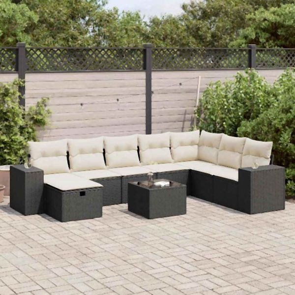 vidaXL 9-tlg. Garten-Sofagarnitur mit Kissen Schwarz Poly Rattan, 3325742