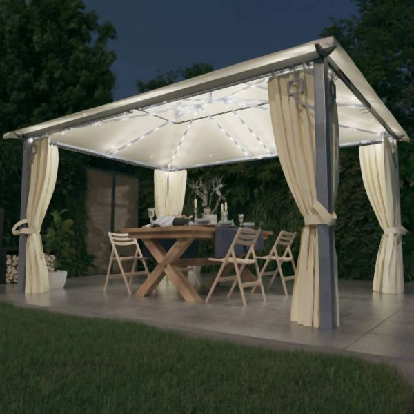 vidaXL Pavillon mit Vorhängen & LED-Lichterkette 400x300 cm Creme Alu, 3070335