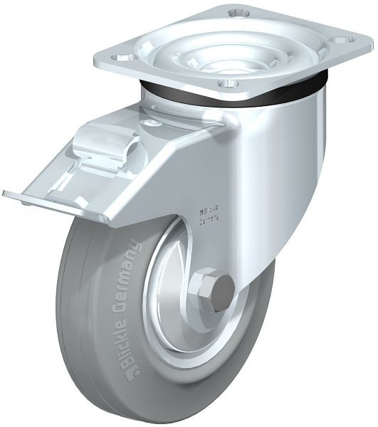 Blickle LK-RD 125R-1-FI-VLI-FA Stahlblech-Lenkrolle, schwere Ausführung, mit Anschraubplatte & Feststeller, Zweikomponenten-Vollgummi, Grau, 742986