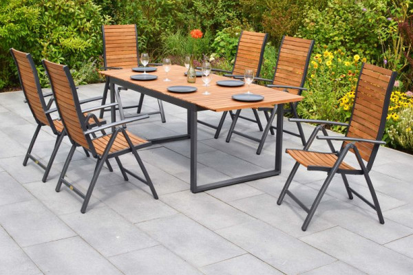 Merxx Santorin Set 7-teilig, 6 Klappsessel, Rückenlehne 5-fach verstellbar, 1 Ausziehtisch 150 (200) x 90 cm, Aluminium mit FSC Akazienholz, 51072-217