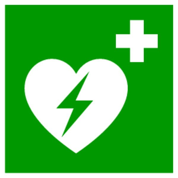 Schilder Klar Rettungszeichen Defibrillator DIN EN ISO 7010, 200x200x0.45 mm Aluminium geprägt, langnachleuchtend, 2968/82