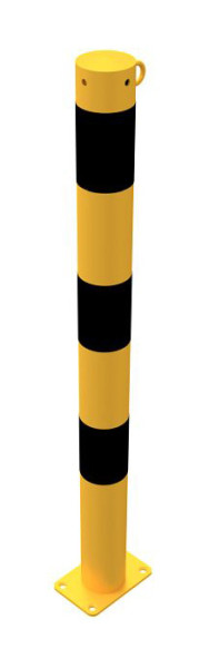 Schake Absperrpfosten Stahlrohr Ø 76 x 2,6 mm gelb / schwarz, ortsfest, für Dübel Befestigung mit Bodenplatte 100 x 150 mm, mit 1 Öse, 476PBG/1