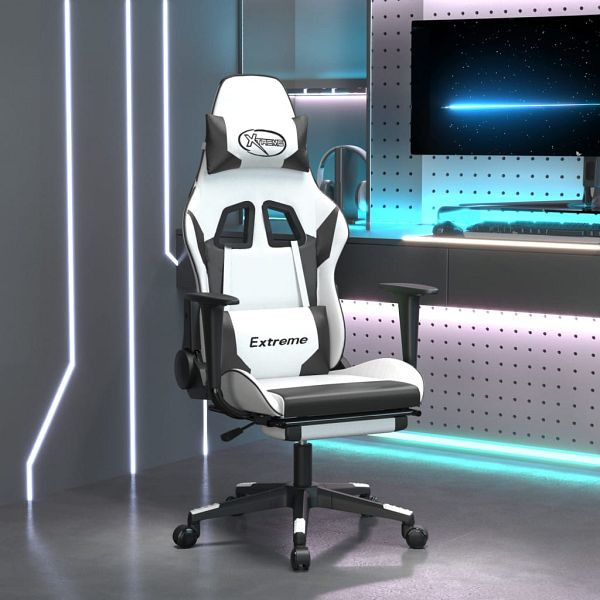 vidaXL Gaming-Stuhl mit Fußstütze Weiß und Schwarz Kunstleder, 3143709