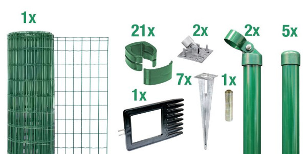 Alberts Set Fix-Clip Pro® mit Bodenhülse, Stahl, zinkphosphatiert grün kunststoffbeschichtet RAL 6005, zum Einschlagen, 10 m x 1220 mm, 633561