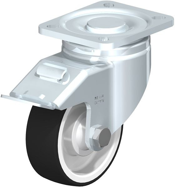 Blickle LH-POTH 100K-1-FI Stahlblech-Bockrolle, Schwerlast-Ausführung, mit Anschraubplatte & Feststeller, Thermoplastisches Polyurethan, Grau, 592899