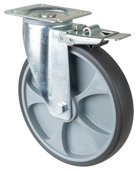 BS Rollen Transportrolle mit Feststeller, Breite 45 mm, Ø250 mm, bis 300 kg, Reifen thermoplastisch grau, Kunststoff, Rollenlager, Platte, L420.B44.250