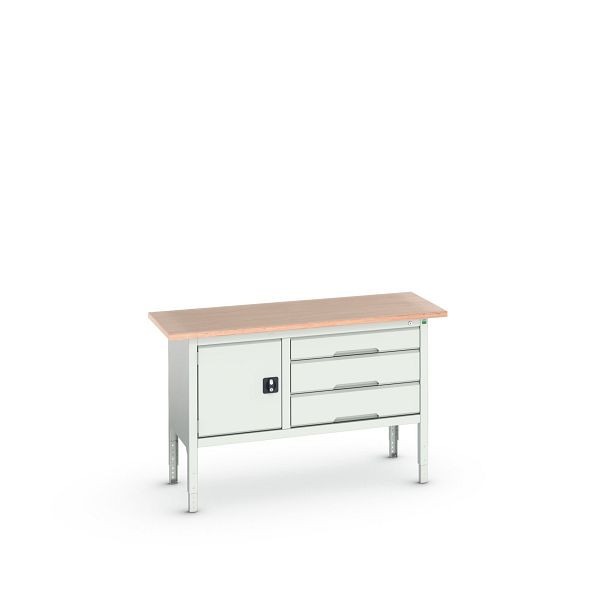 bott verso Kastenwerkbank (Multiplex-Platte) mit 3 Schubladen und 1 Tür, BxTxH: 1500 x 600 x 830 - 930 mm, Lichtgrau / Lichtgrau, 16923014.16